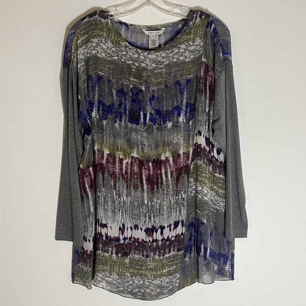 John Mark Top Womens Medium Multicolor Sheer Flowy Tunic Art To Wear Blouse Soft